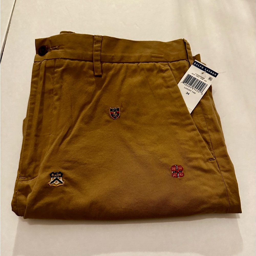 NWT Dark Khaki Embroidered Shield Shorts Polo Ralph Lauren Mens 34